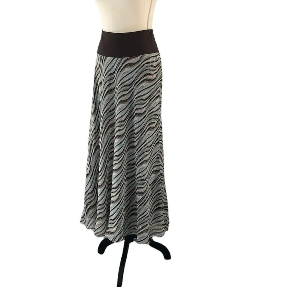 Jones New York Women’s Drop Waist Aqua Brown White & Gold Silk Maxi Skirt Size L